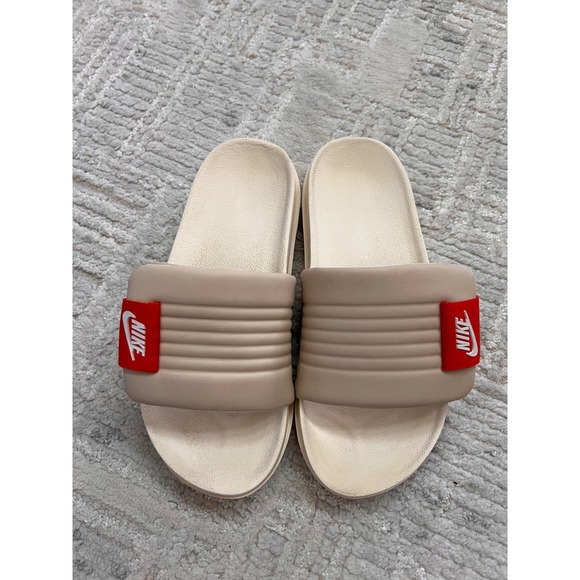 Nike Revive Foam Slides Sandals Beige Red Logo Comfort Slip On Womens Size 7 - Picture 1 of 10